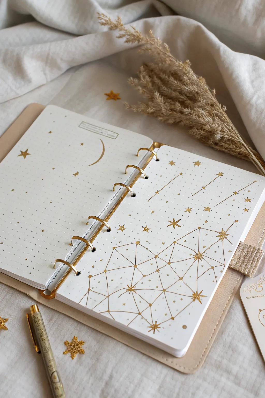 With a celestial-themed bullet journal cover, capture the enchantment of the night sky. ideal for giving your monthly spread a little bit of wonder.