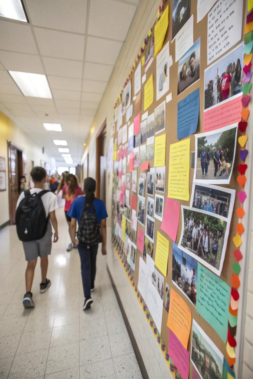 A hallway features a kindness memory lane, celebrating past acts of kindness through photos and handwritten notes.