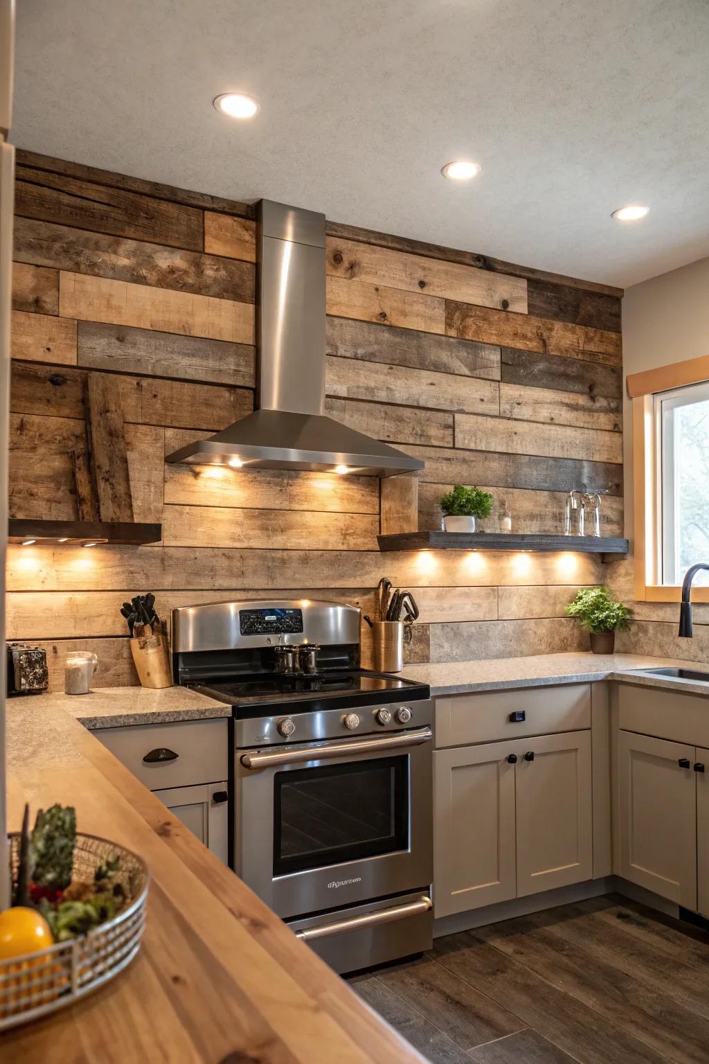 Salvaged wood incorporates coziness and sustainability into your kitchen design.