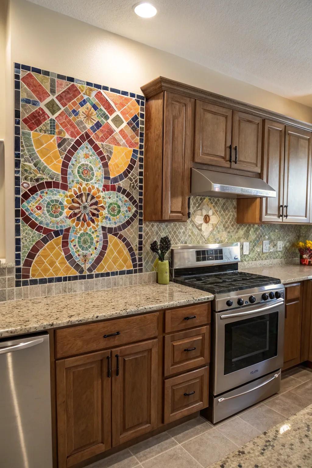 A creative patterned tile splash zone acts as the focal point in this kitchen.