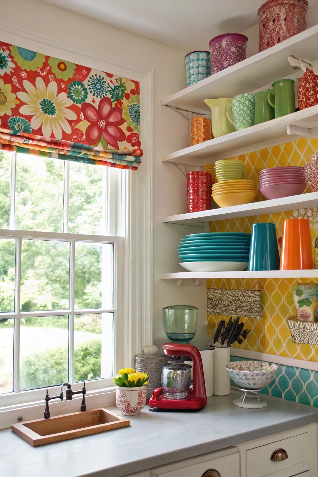 A striking backdrop color adds liveliness and character to kitchen shelves.