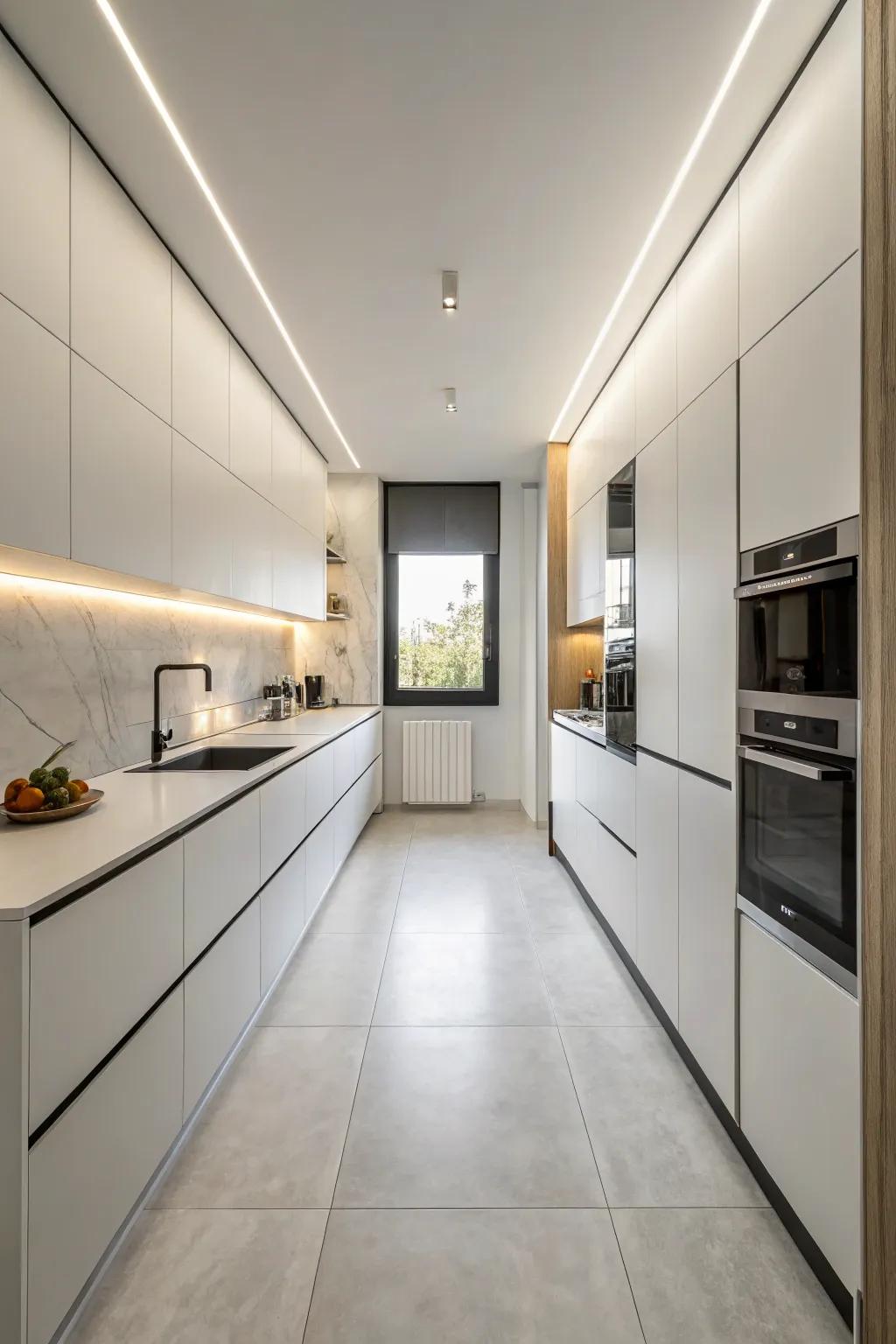 Streamlined aesthetics keep a windowless kitchen feeling uncluttered.