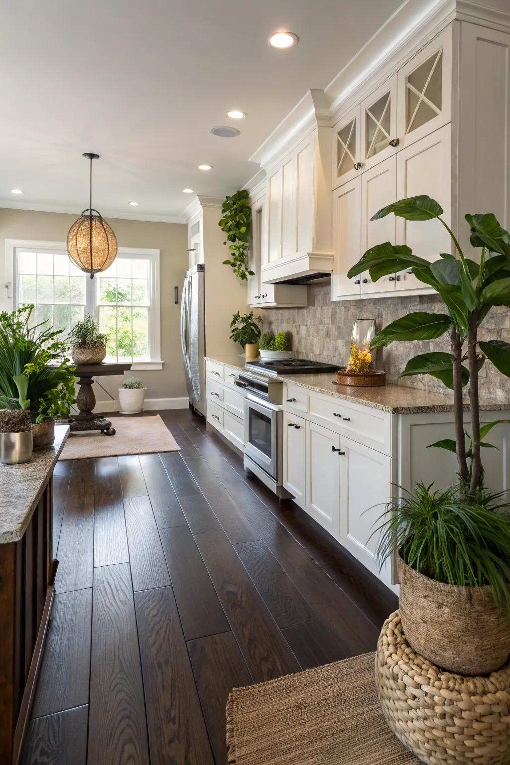 Interior flora bestowing vitality upon this kitchen adorned with dark floors.