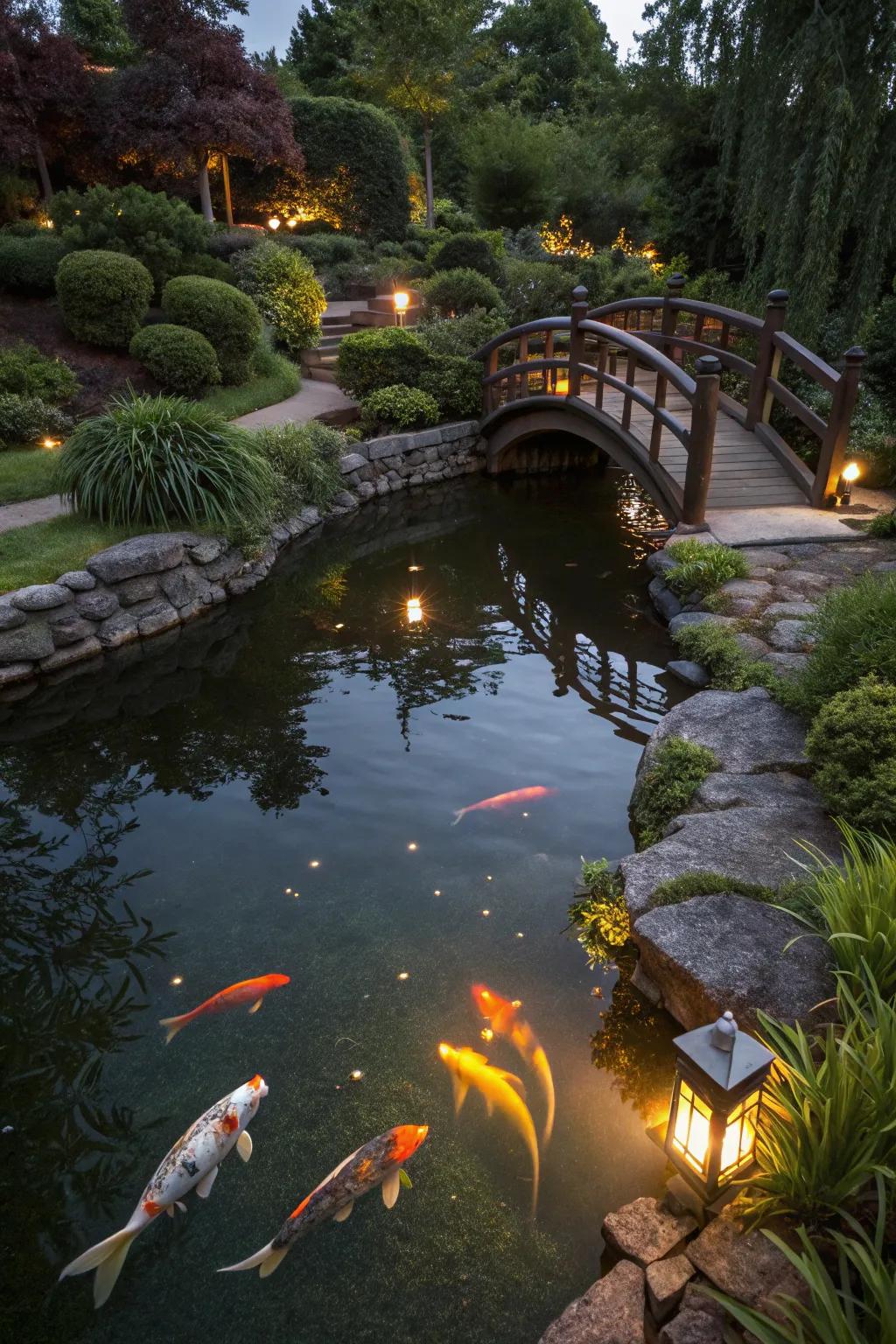 Twilight luminescence revolutionizes the water feature into a twilight marvel.