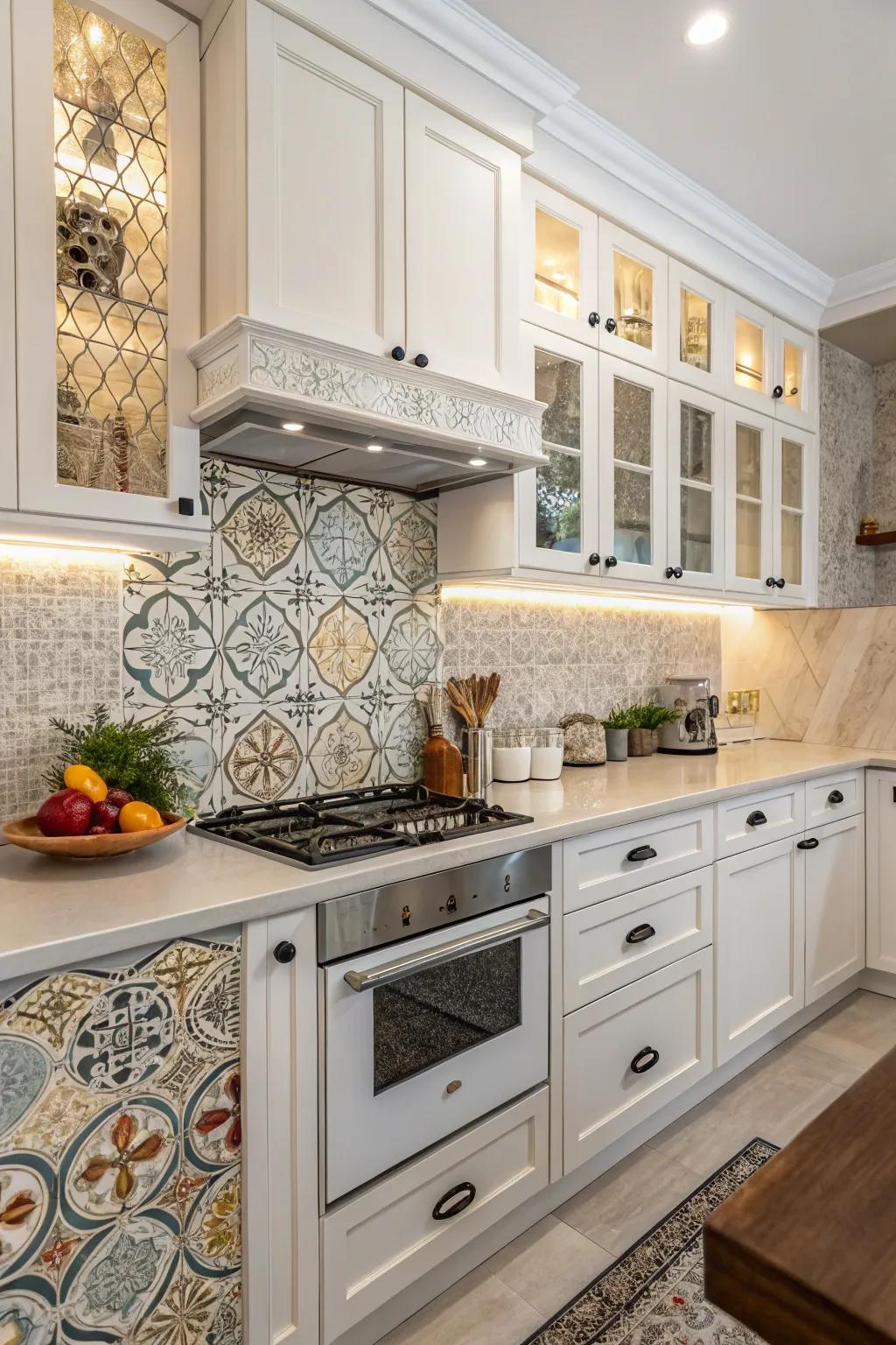 Conjure fascination through a blend and align graphic panel backsplash.