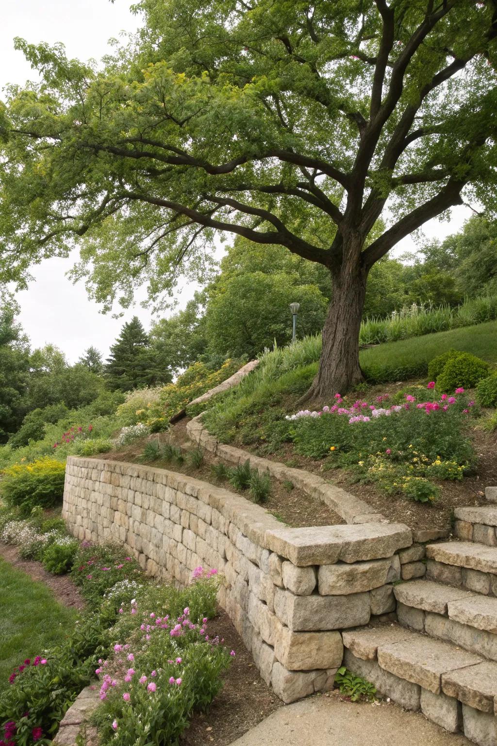 Retaining walls offer structure and aesthetic appeal to sloped areas.