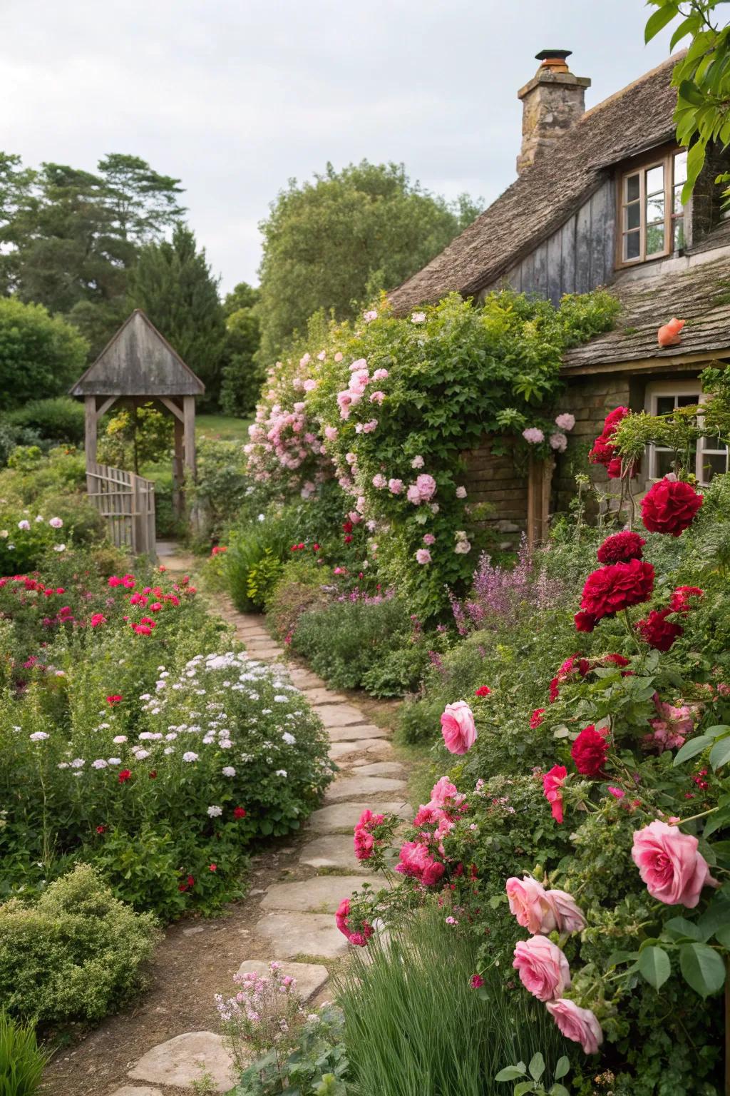 Radiant roses offer charm to cottage gardens.