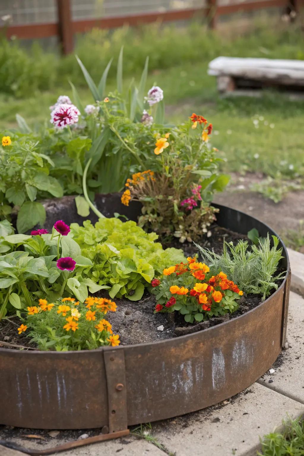 Metal rings of fire make special and stylish round raised beds.