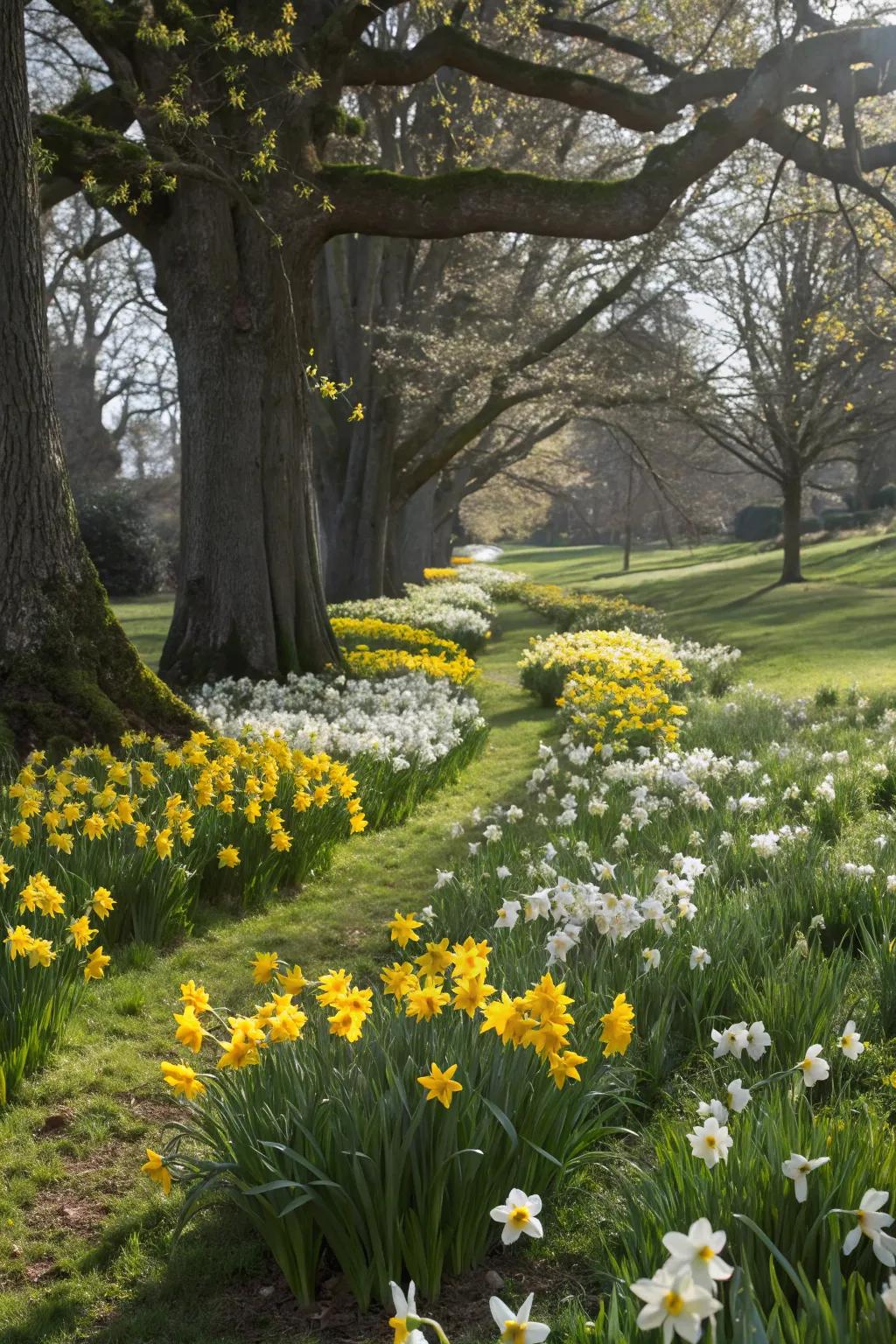 A radiant blanket of sunshines flowering beneath the shadows of trees.
