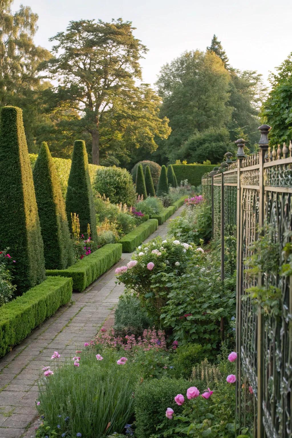 Hedges and fences create a private and intimate garden space.