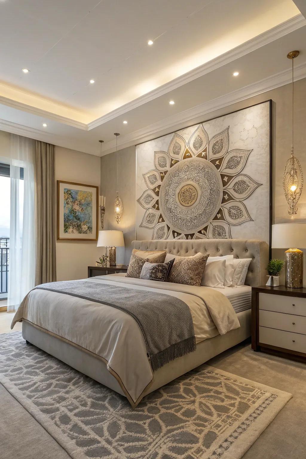 Decorative artwork serves as a focal point in the room.