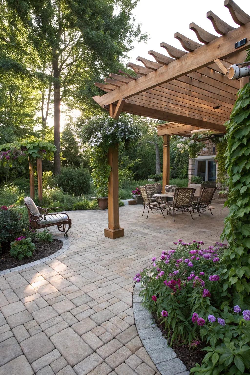 A colonnade enriches the aesthetic and practical qualities of this patio.