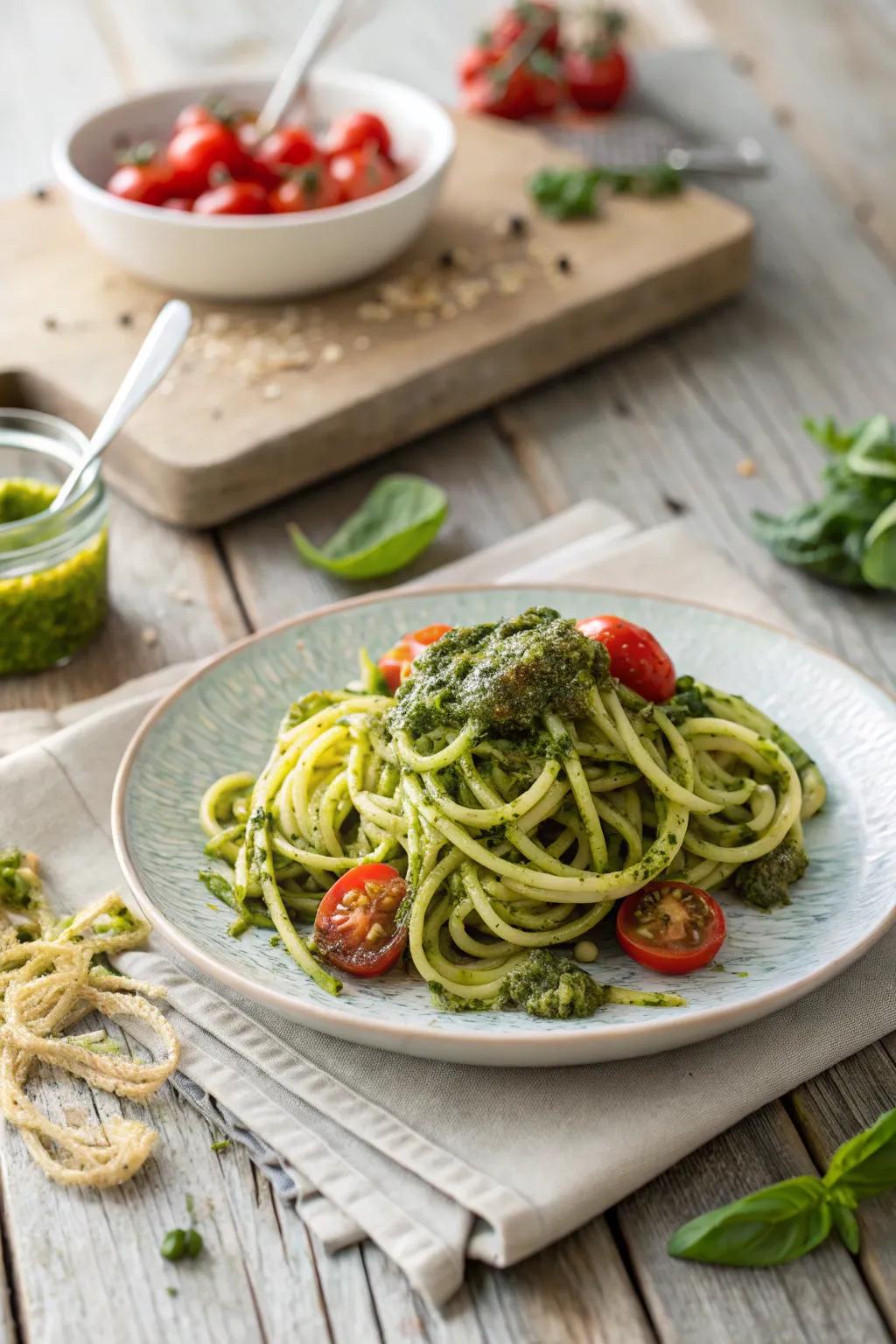 Zucchini ribbons with pesto, a light and refreshing late-night option.