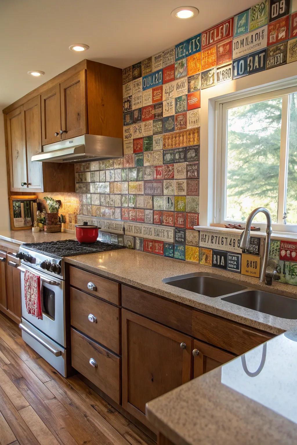 A license plate backsplash contributes a playful touch to the kitchen.