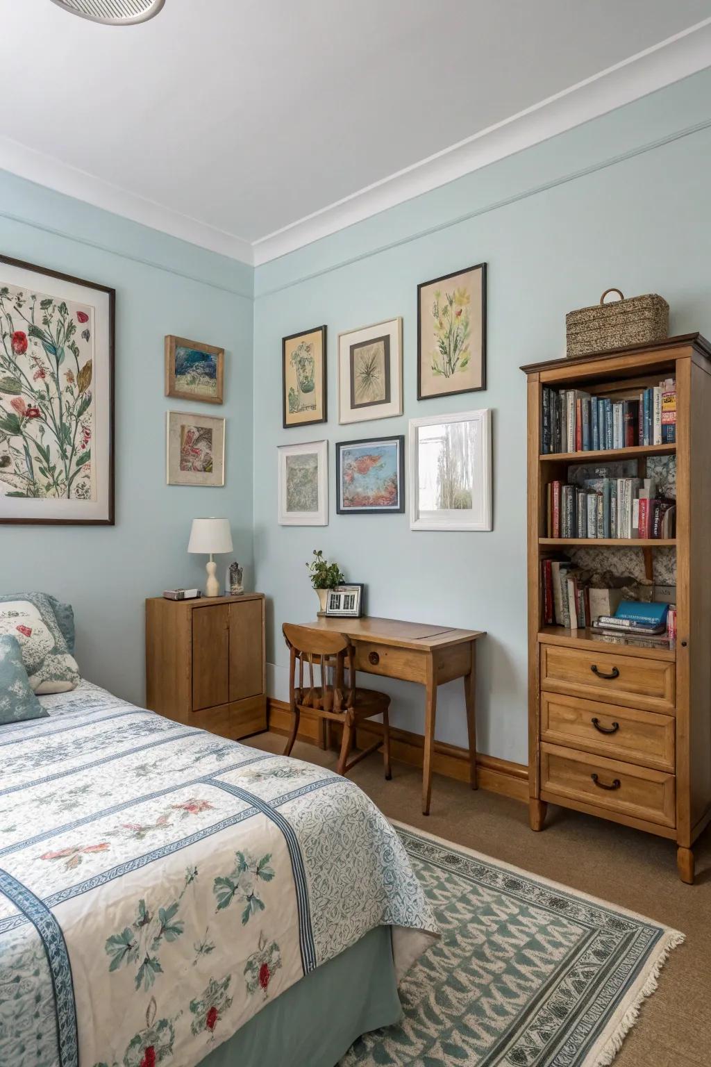 A sleeping quarter where sky blue walls provide a canvas for showcasing artistic expressions and treasured collections.