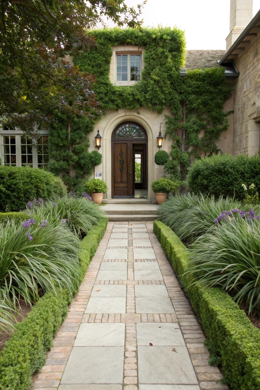 A home entrance attractively bordered with ribbon grass, charming guests with its allure.