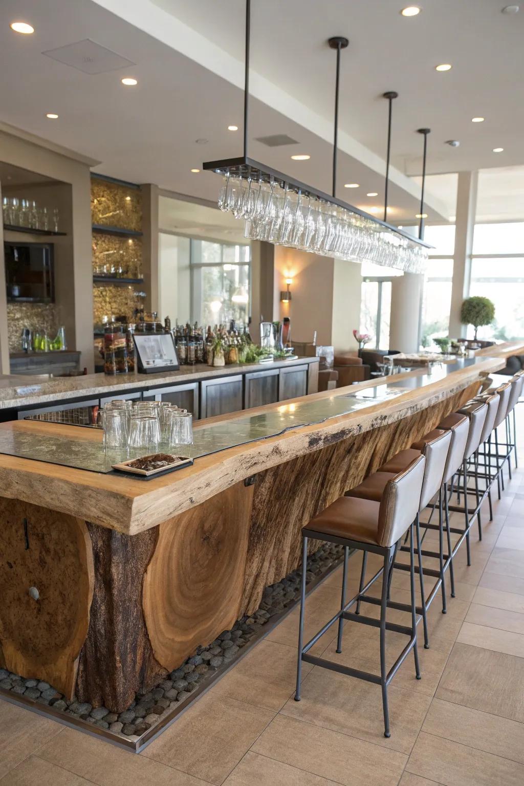 A live edge bar is beautifully combined with modern metal and glass elements, creating a modern aesthetic.