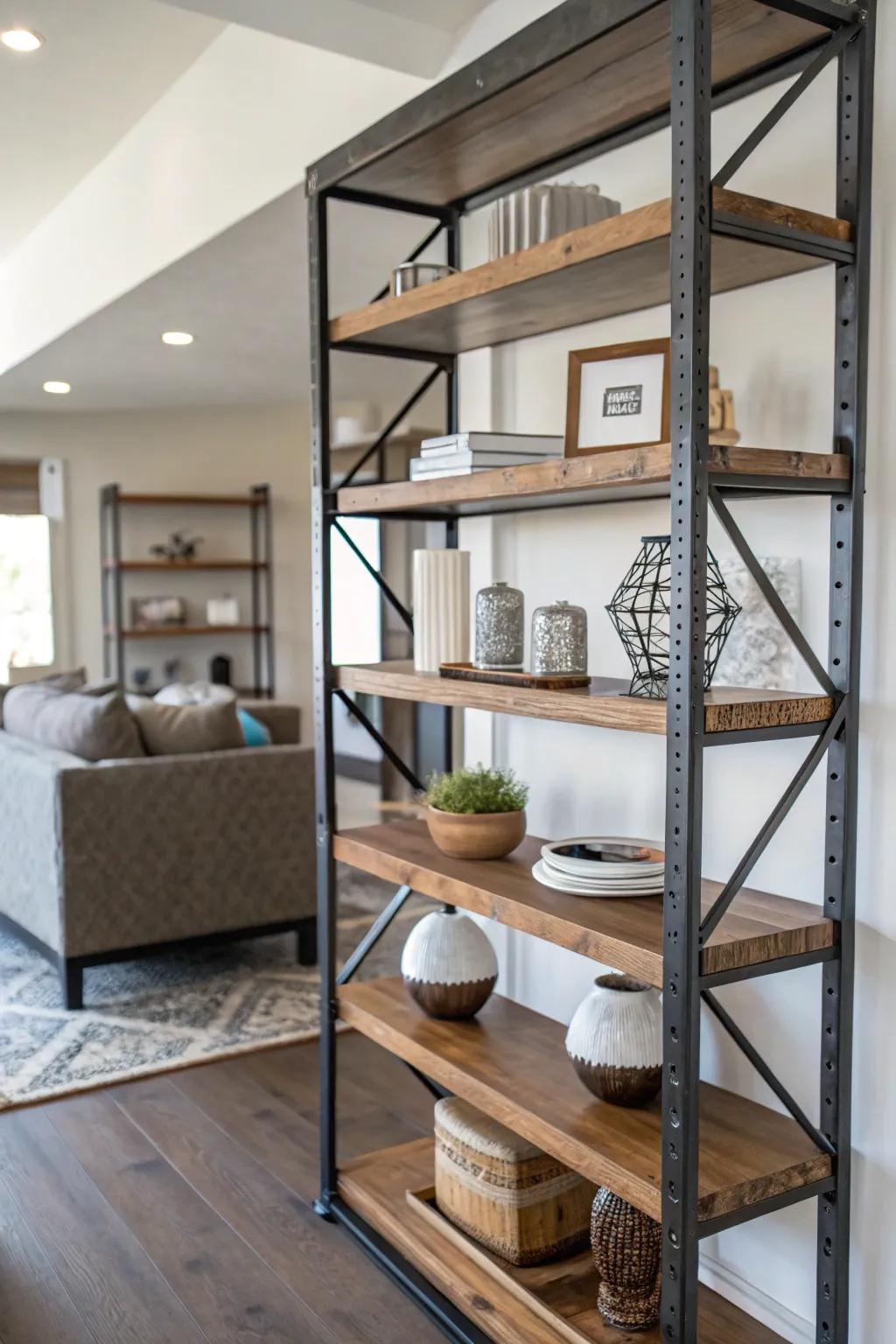 Create contrast by mixing materials on your shelves.
