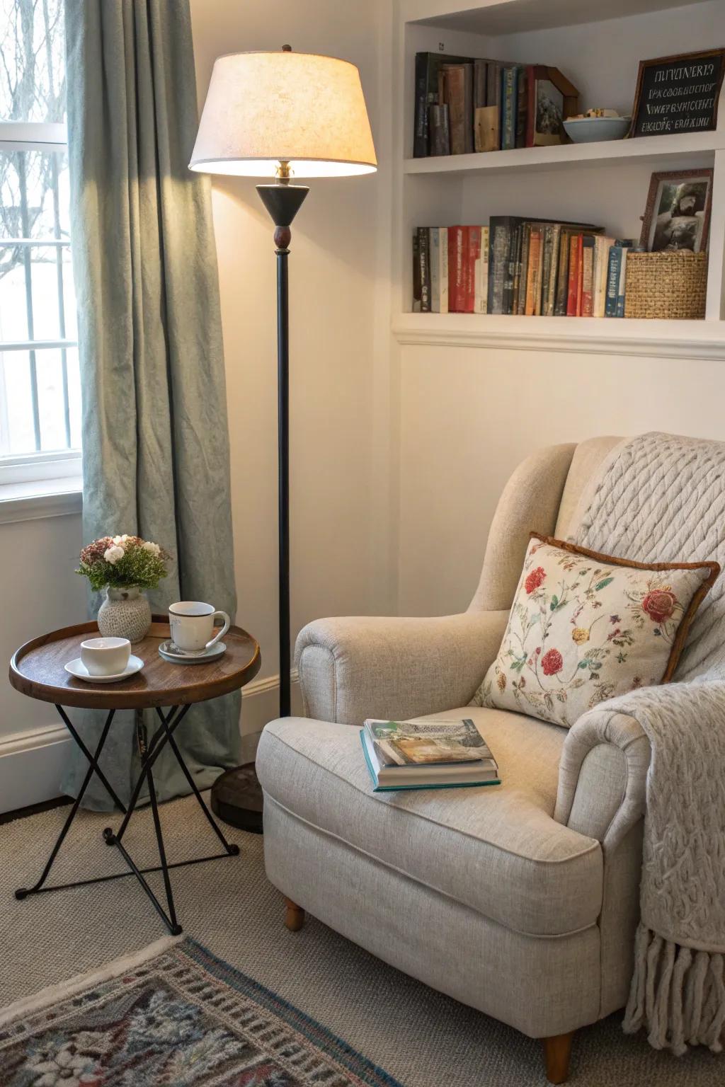 A cozy corner in a living room illuminated by a floor lamp.