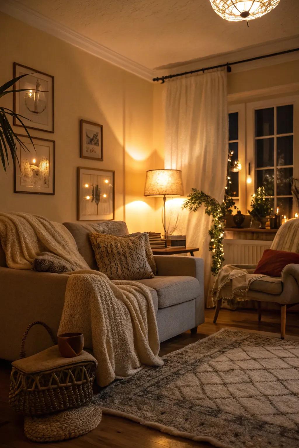 Cozy-toned bulbs set a relaxing mood in this lounge.