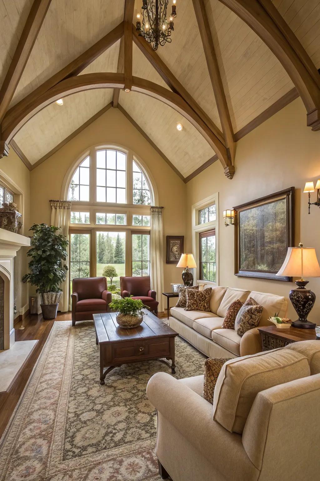 Comfortable seating arrangements enhance the coziness of a vaulted ceiling room.