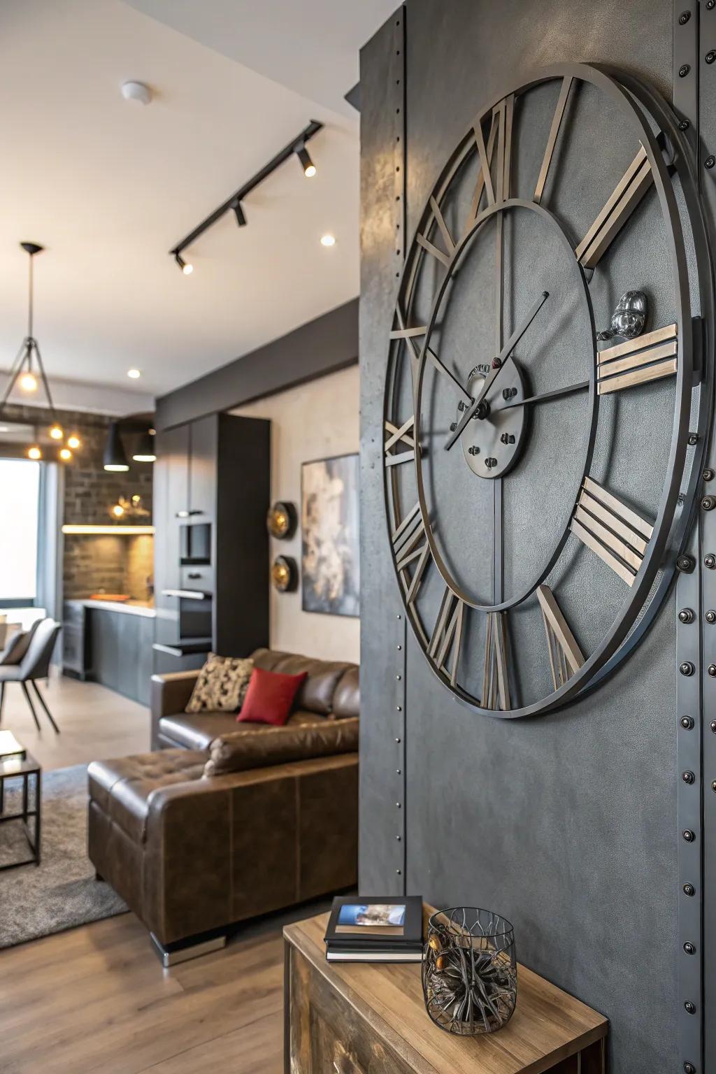 An industrial-style wall clock adds a cool urban vibe to the living room.