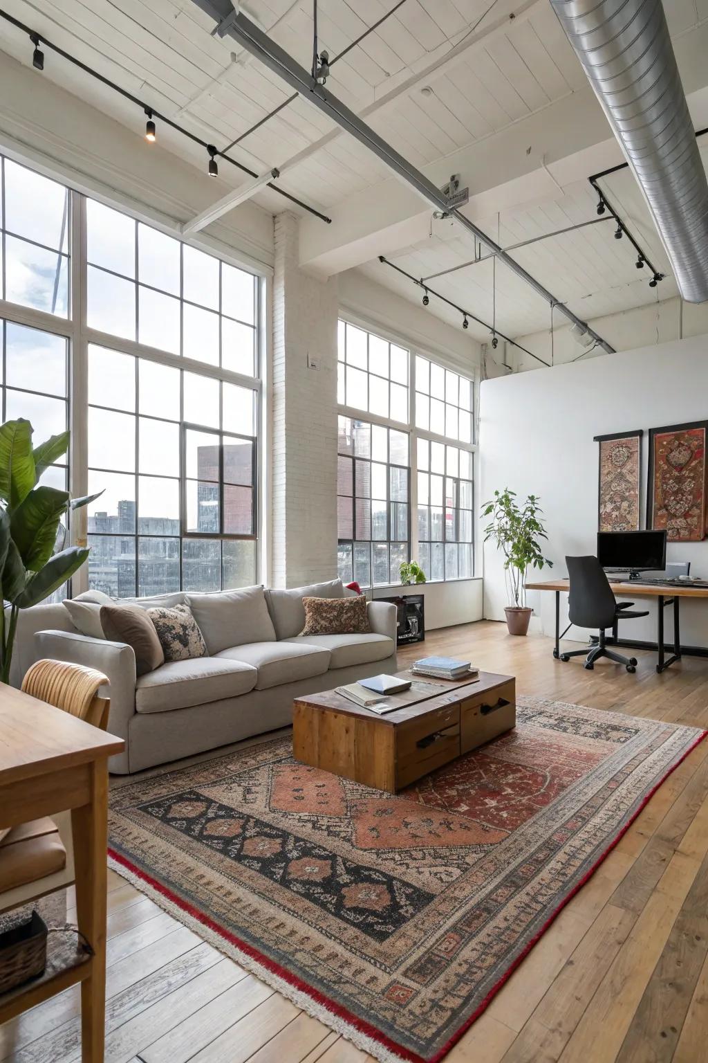 Rugs that elegantly define and improve the different sections of a loft.