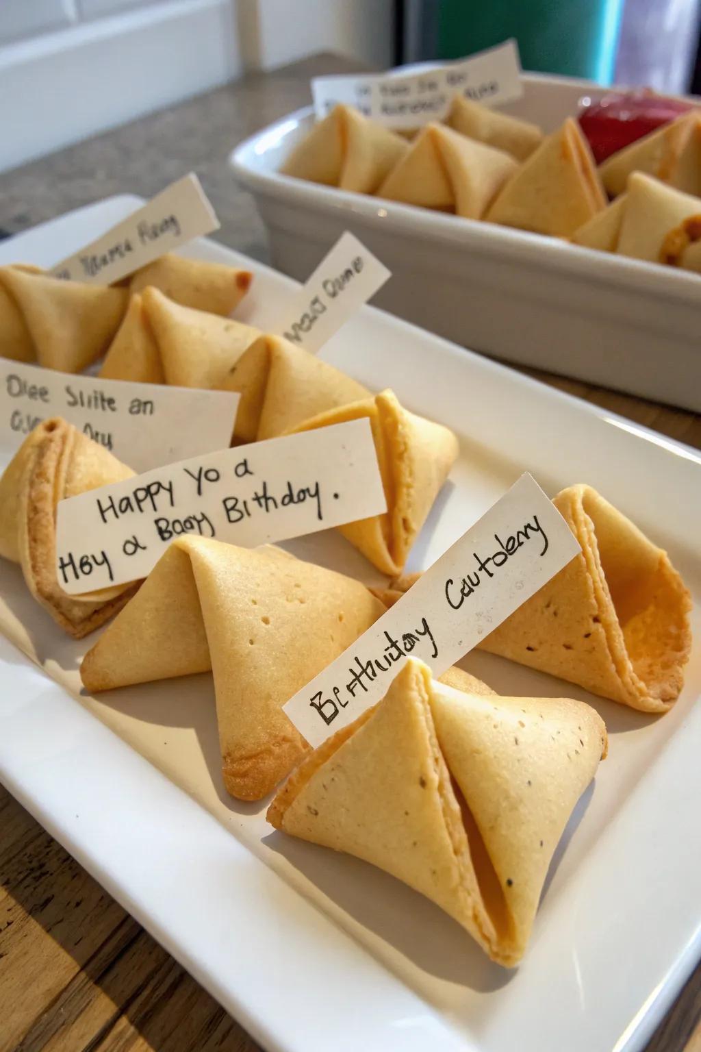 Fortune biscuits that contain personalized notes, making them delightful and personal party gifts.