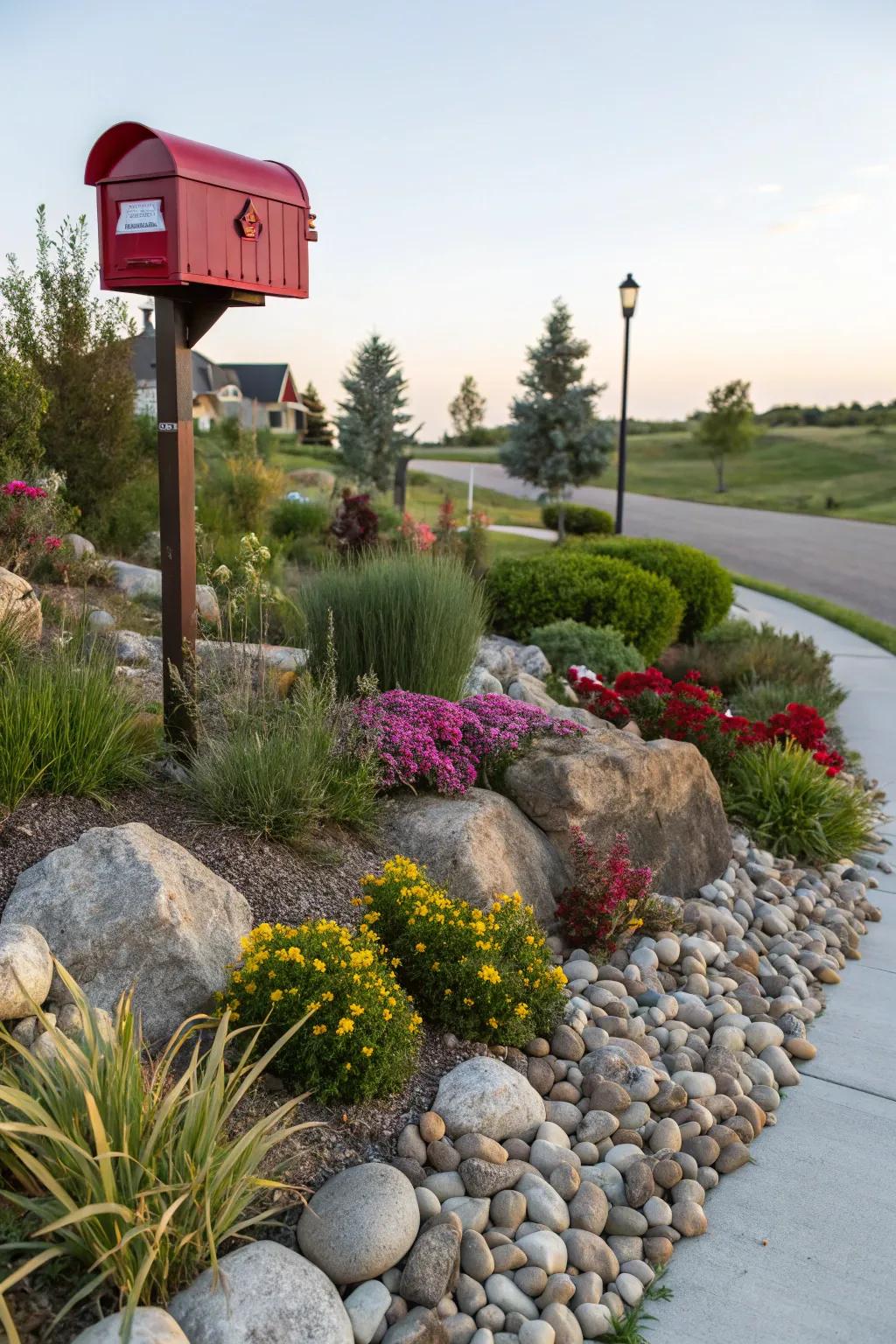 A miniature stone garden extends a serene setting for your mailbox.