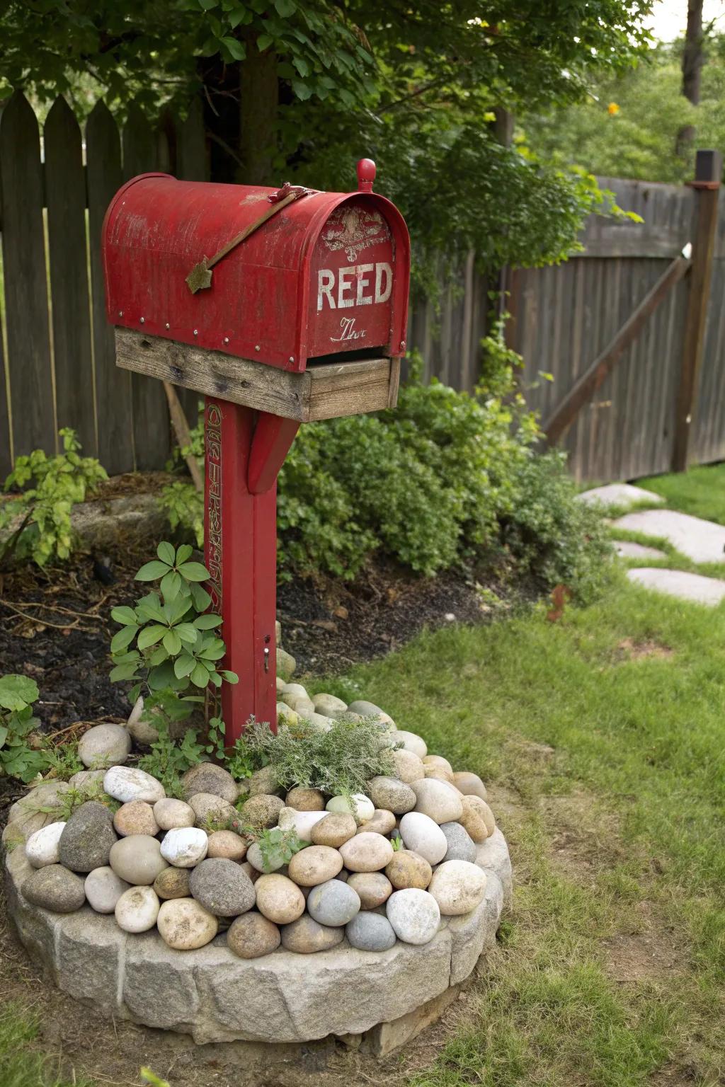 A rustic rock circle adds country charm to your mailbox.