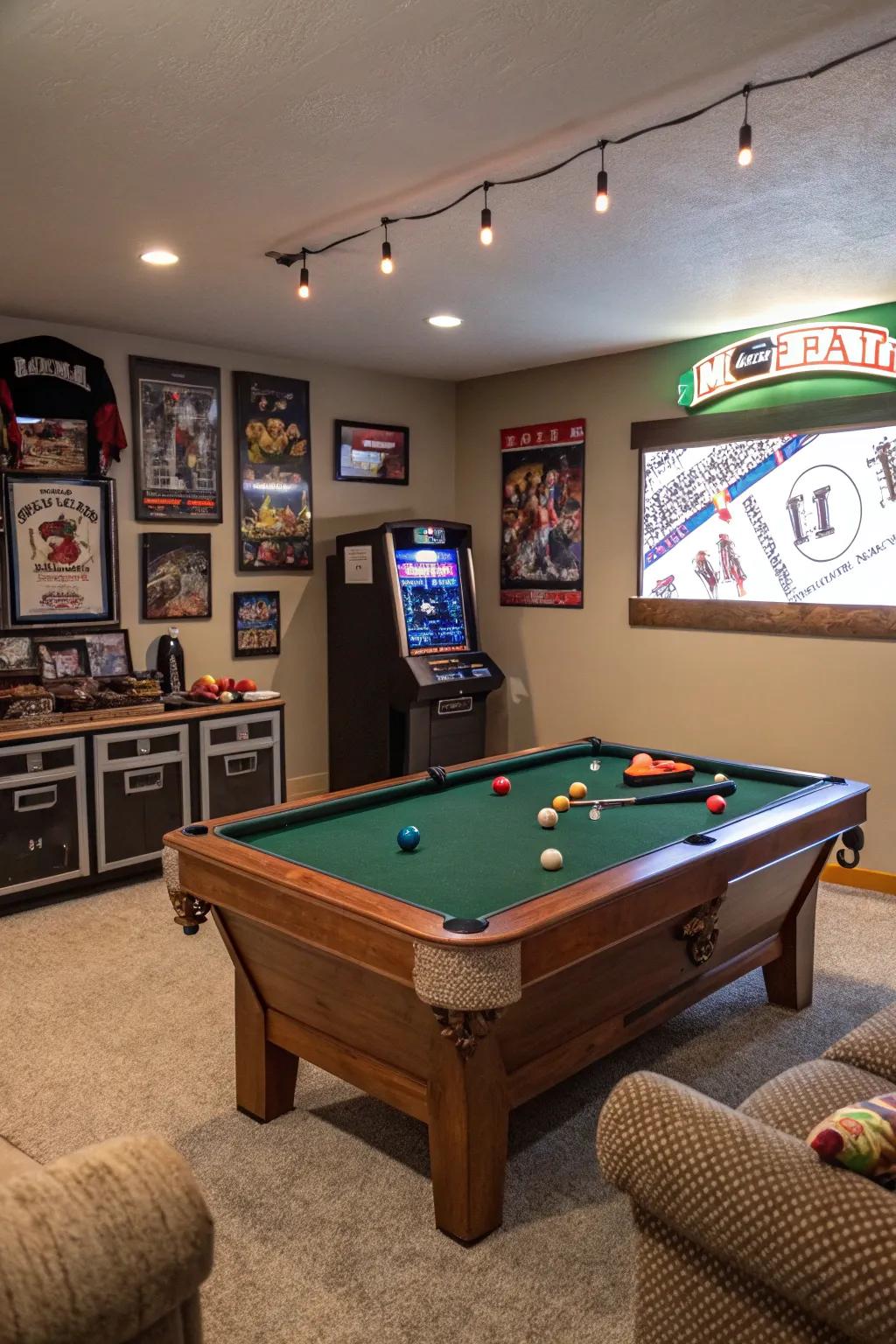Entertainment and game options making this man cave an exciting spot.