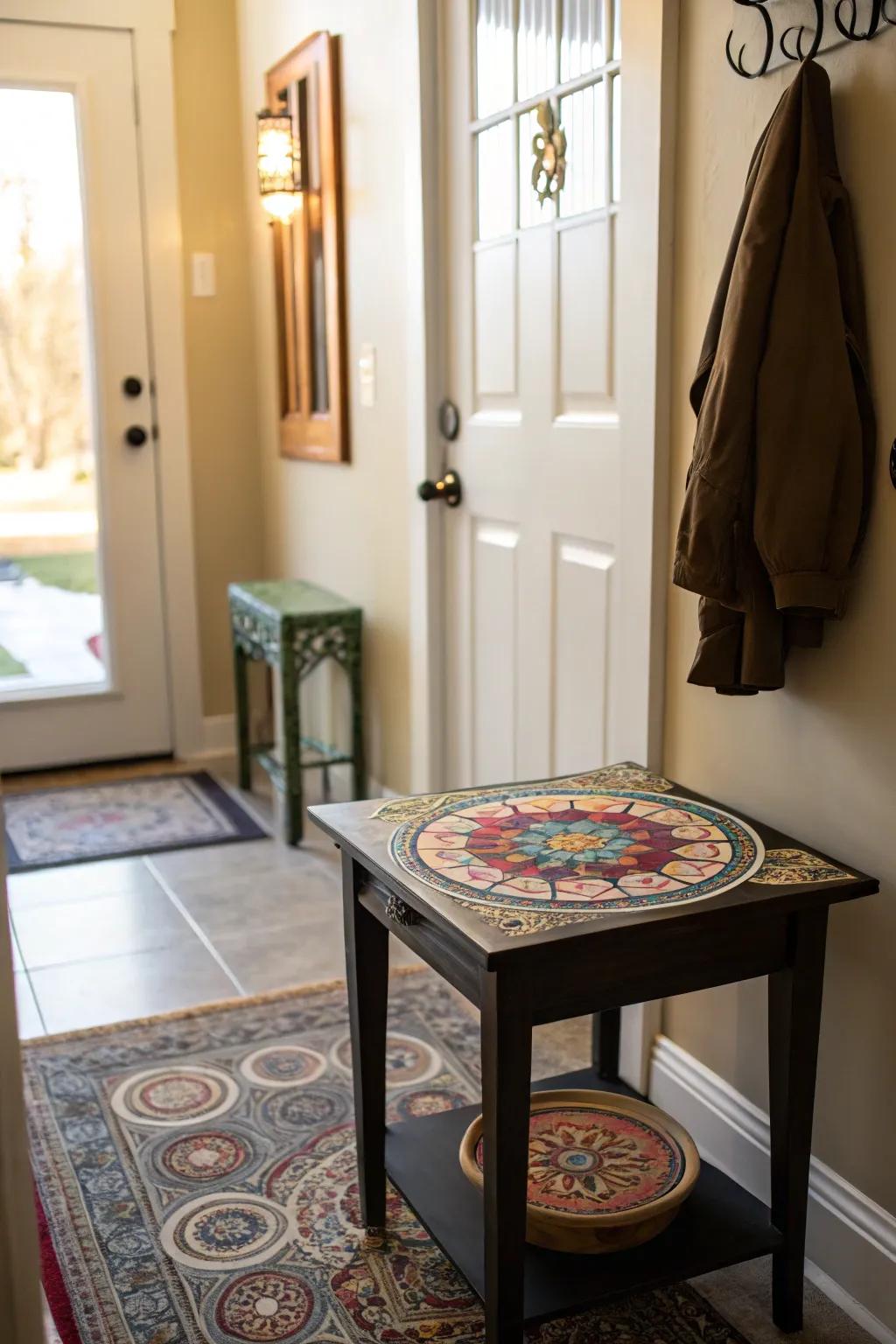 A circle motif design transforming a small table in an entryway.