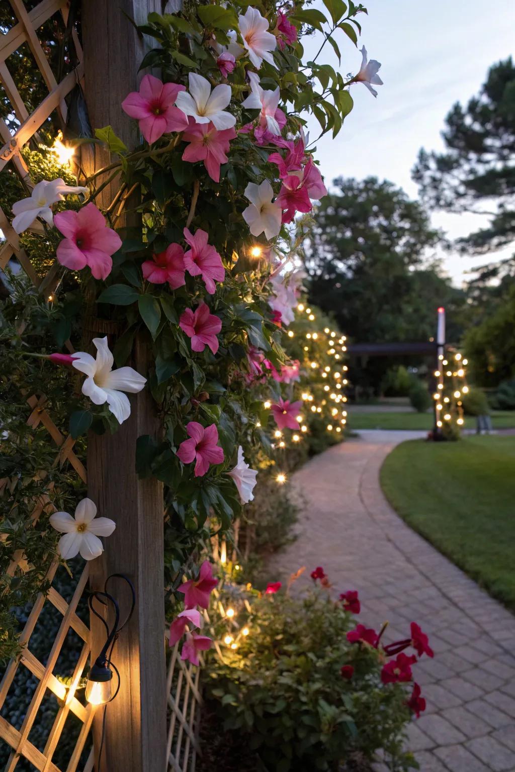 A photovoltaic-illuminated trellis spotlighting mandevilla fashions a magical nocturnal landscape vista.
