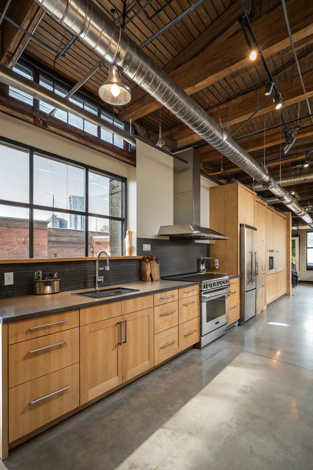 An industrial-style kitchen featuring walnut cabinets for a modern twist.