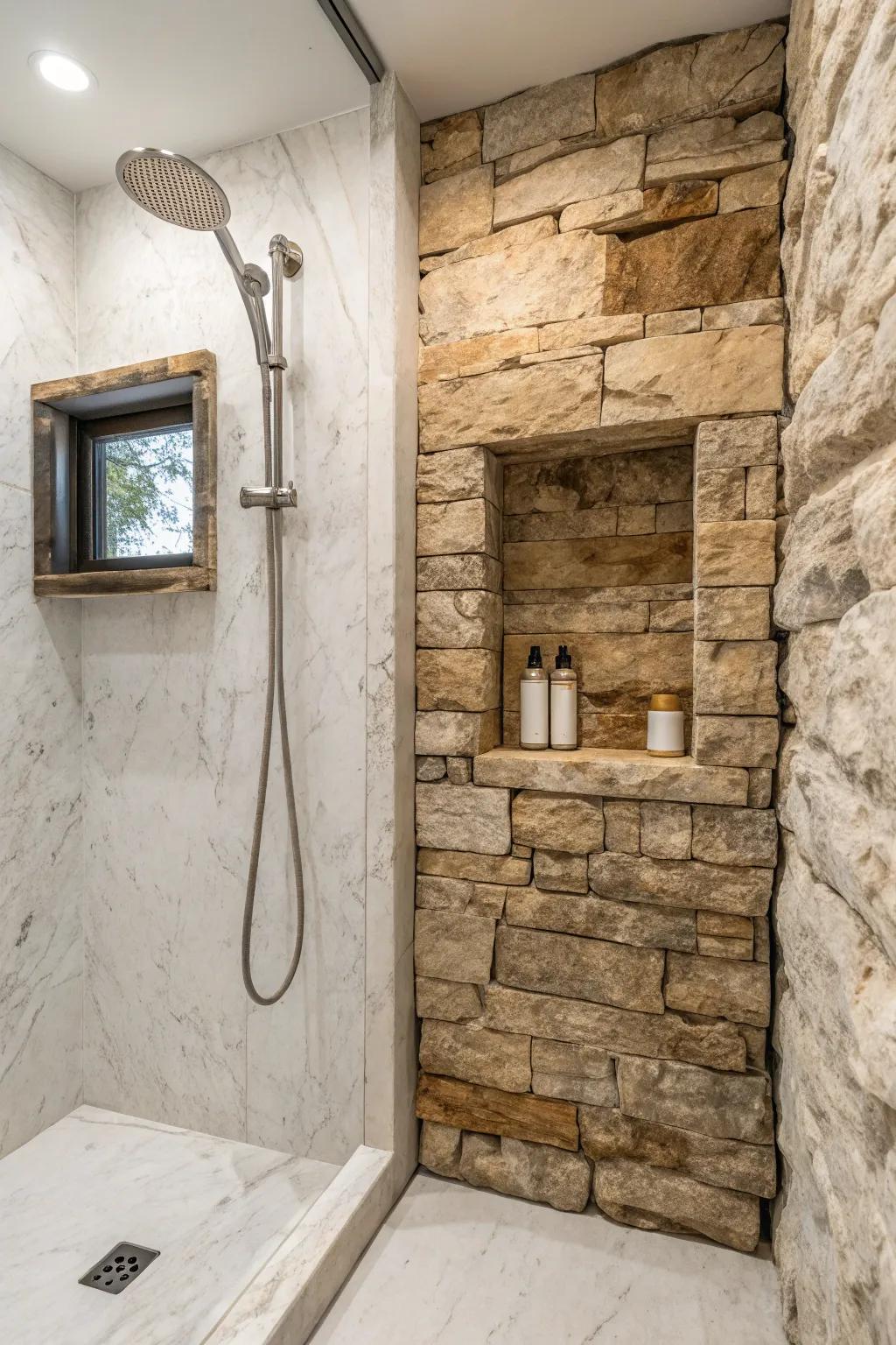 Country coarse stone contributes charm to a modern shower.