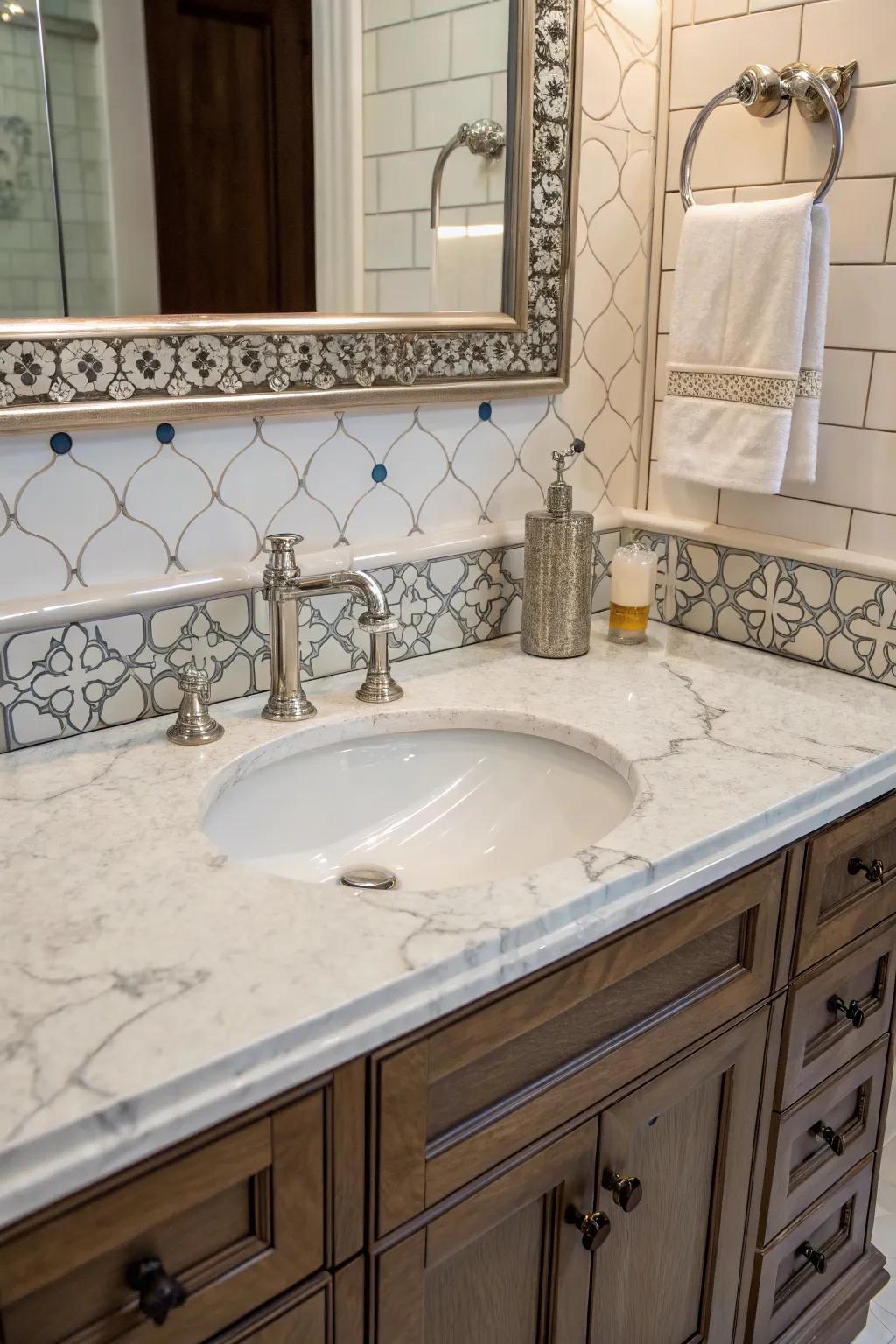 A bathroom vanity that combines a marble countertop with a tiled backsplash.