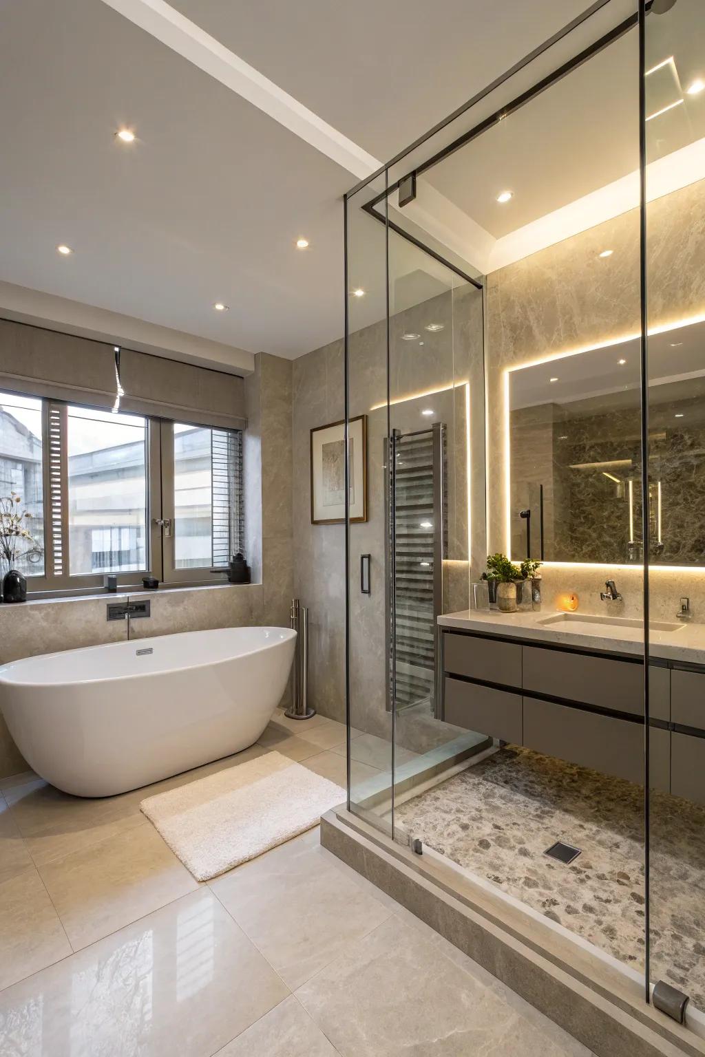 Depicted is a waterproof quarters concept presenting streamlined plus handy resolution within a revamped bath area.