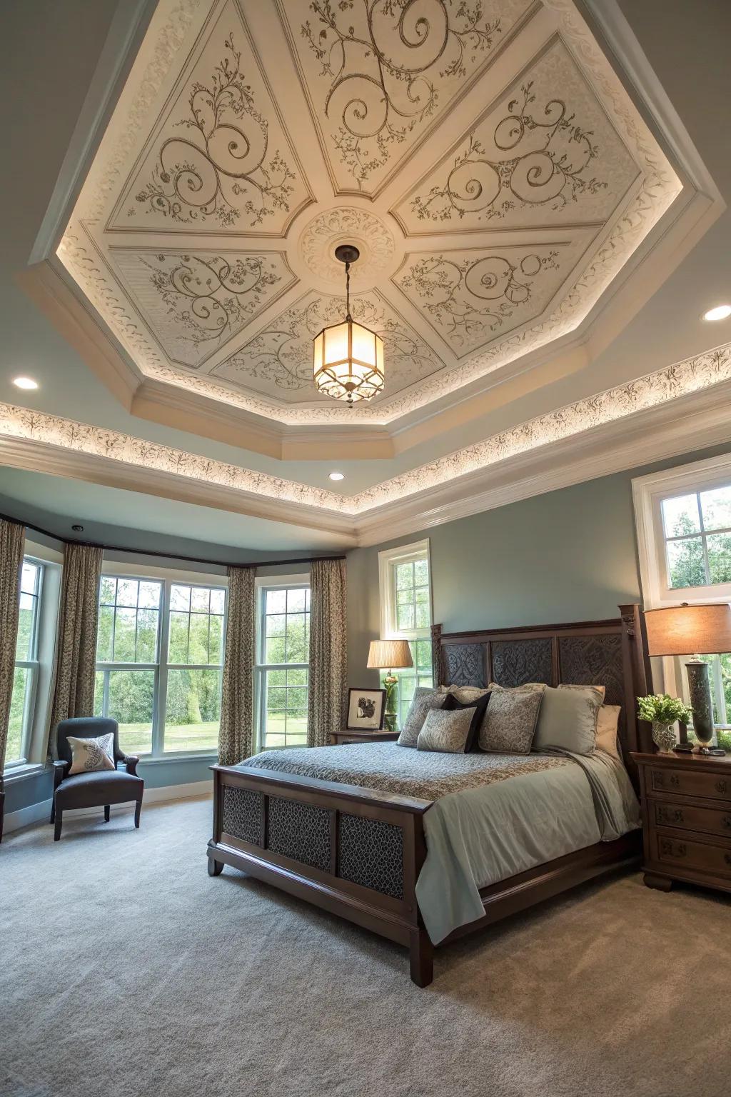 An inverted stepped ceiling brings a bold, dramatic flair to your bedroom.