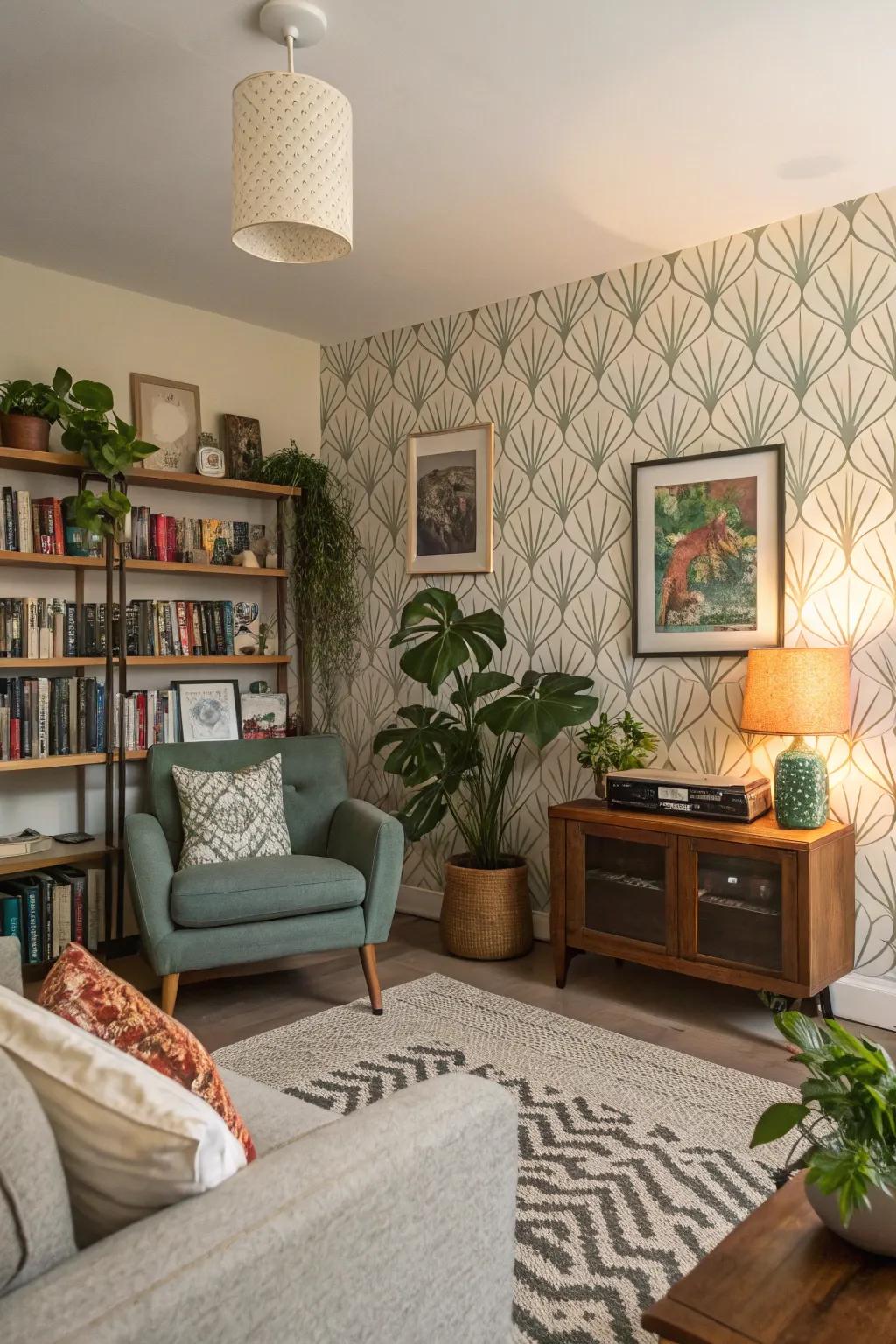 Distinct wall covering choices reveal individual style in a comfortable living space.