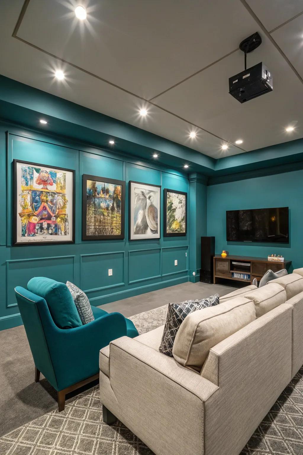 A serene media room showcasing ocean green walls, delivering a distinctive take on relaxation.