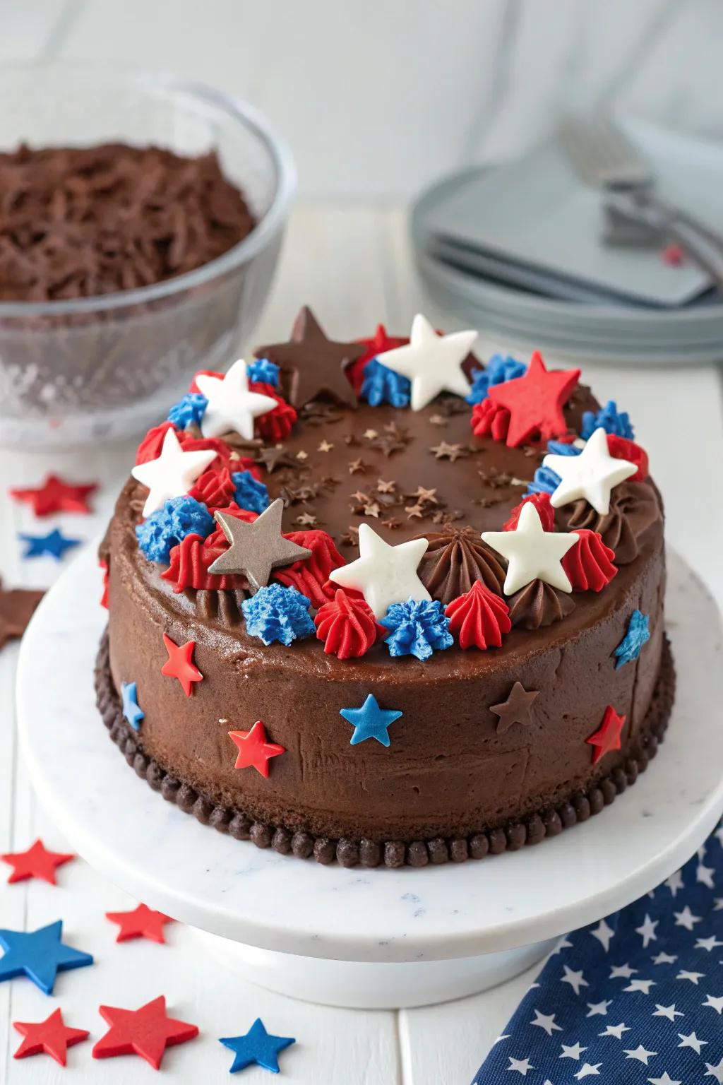 Chocolate stars contribute an element of refinement to this extravagant cake.