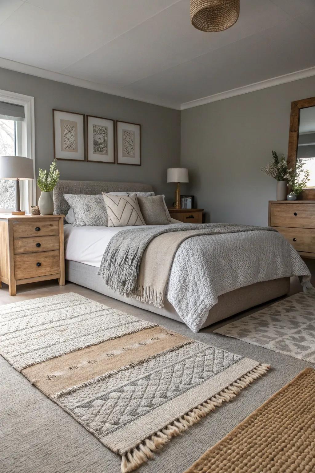 These rugs add warmth and texture to the grey bedroom.