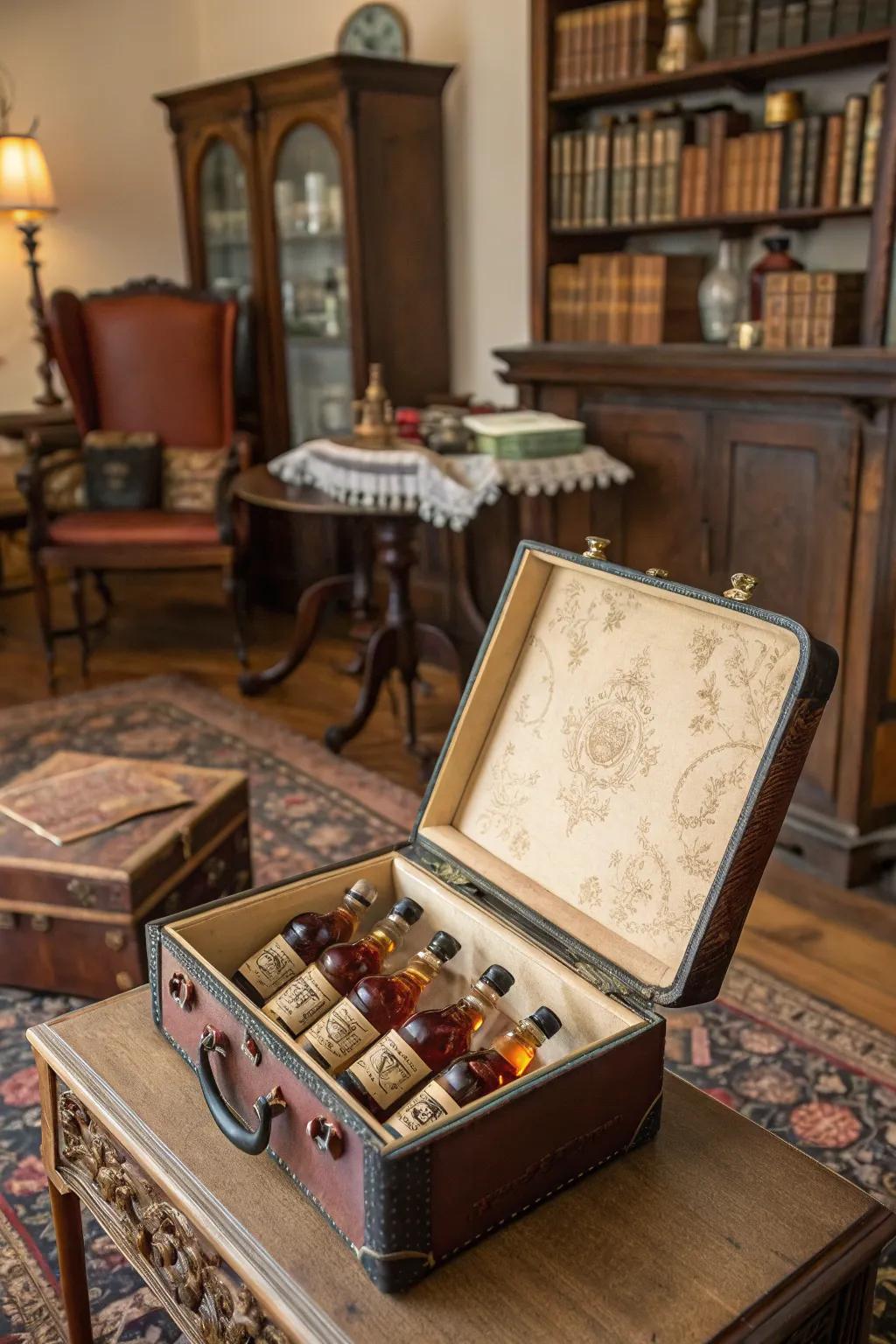 An antique travel case innovatively exhibiting mini liquor bottles.