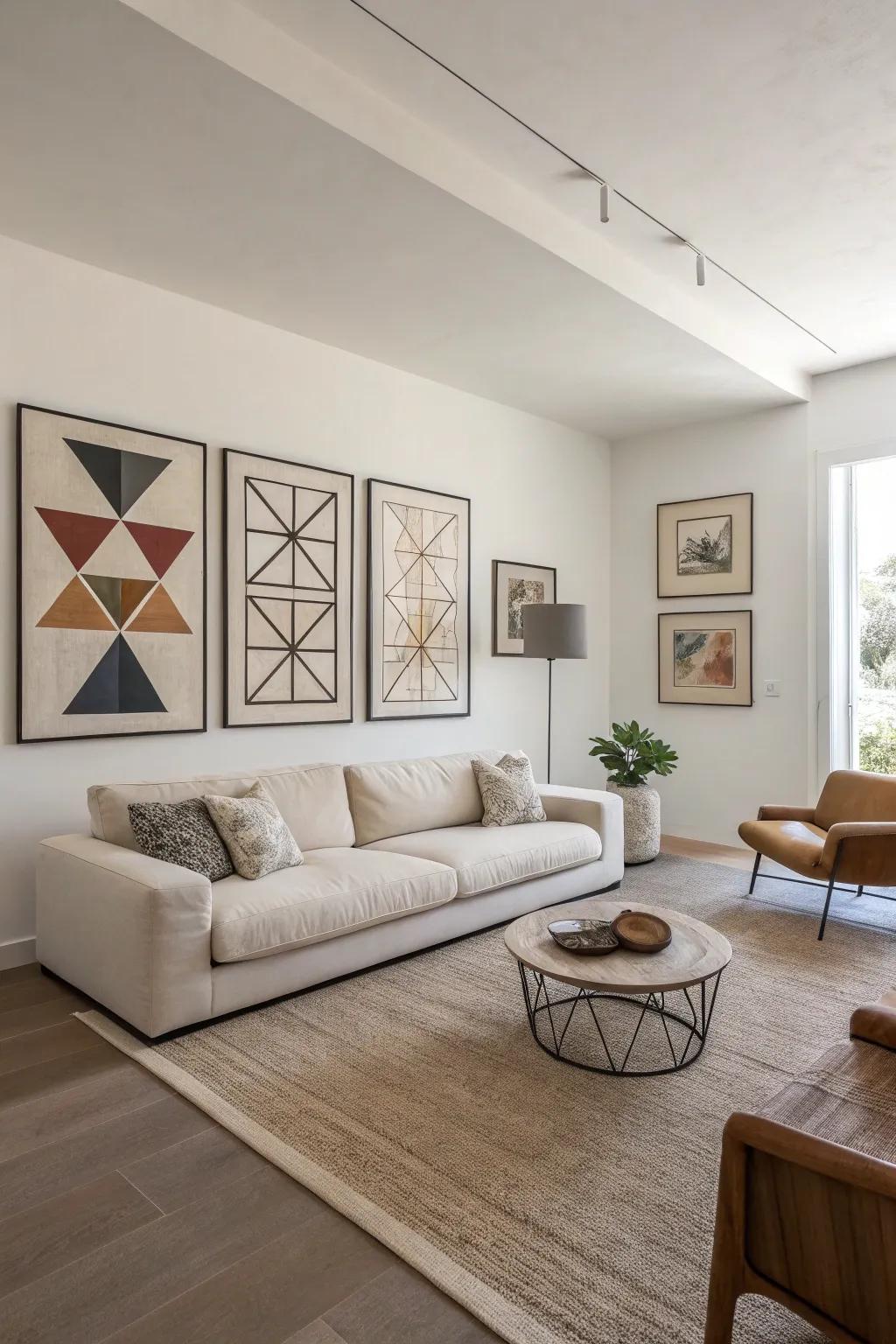 Straightforward geometric artwork enhances the minimalist vibe with a personal touch.