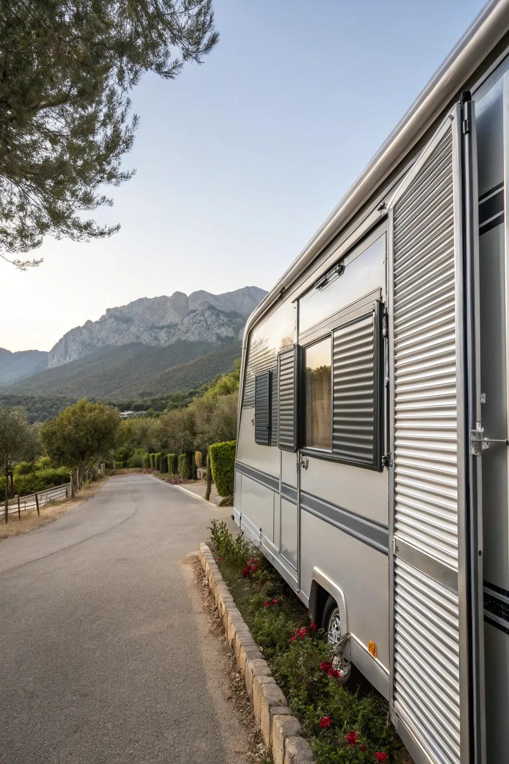 Streamlined metal shutters imparting a contemporary touch to a mobile home.