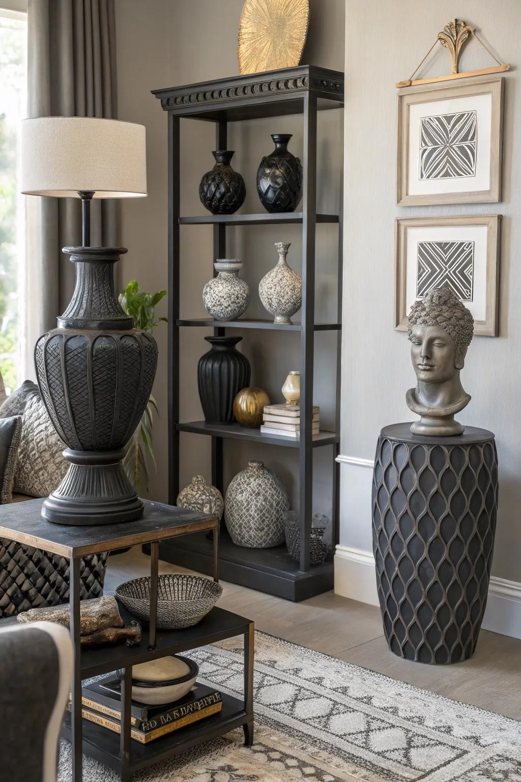 Ornamental pieces in charcoal and slate enhance the room's cohesive look.