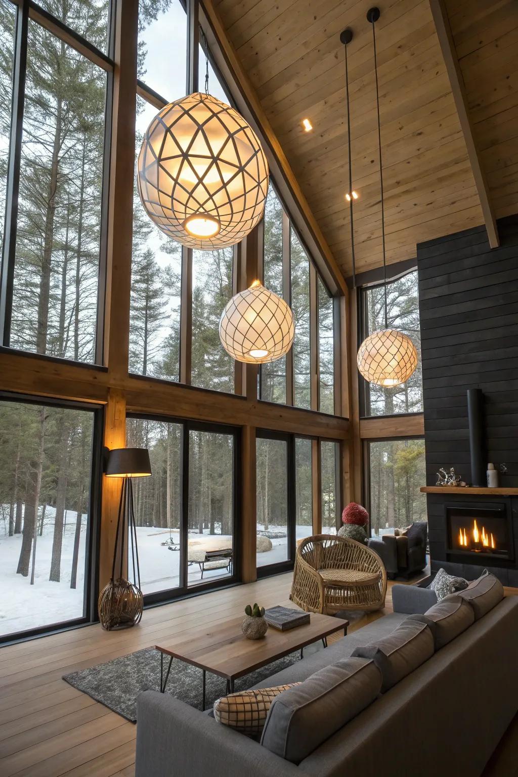 Current lighting makes a striking point of focus in cabin decor.