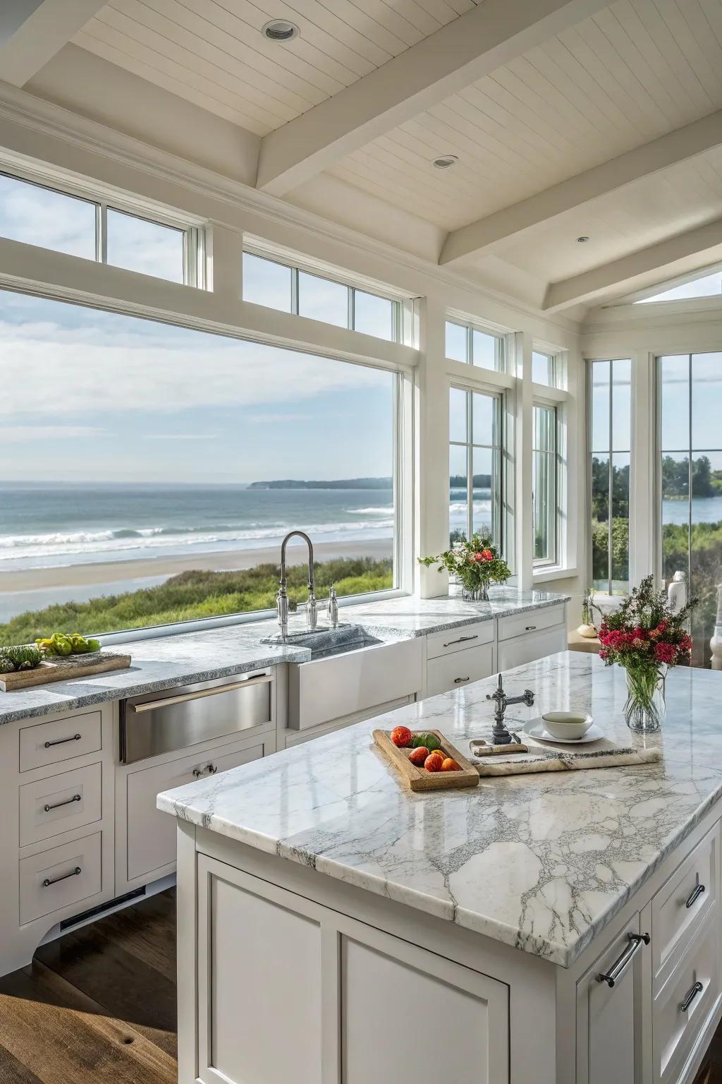 An unrestricted kitchen arrangement that flows seamlessly into the feasting area.