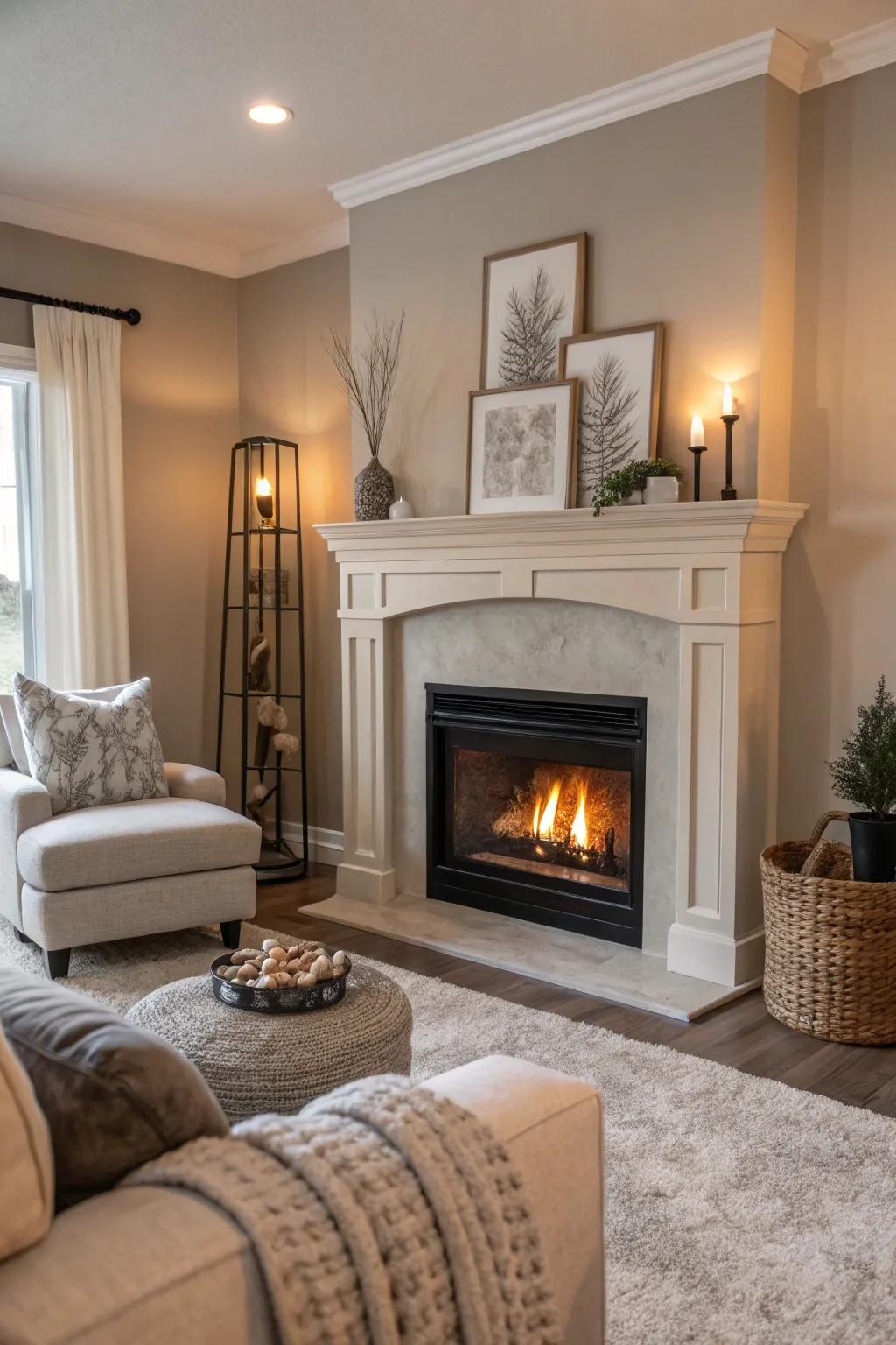 An electric fireplace beautifully arranged in a living room featuring a harmonious neutral color scheme.