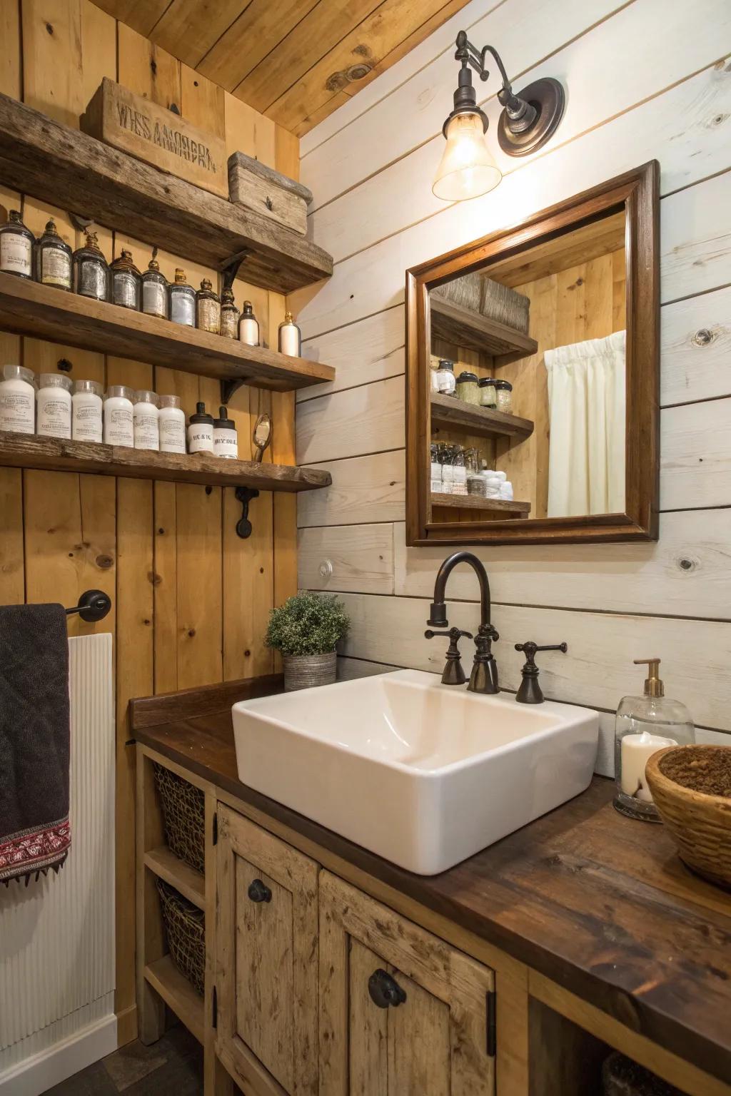 A farmhouse sink adds functionality and flair to this bathroom.